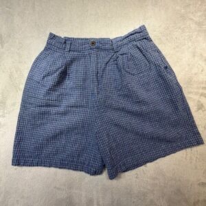 Vintage Kathy Ireland Blue Grid Linen Cotton Shorts Size 10 High Waisted 90s